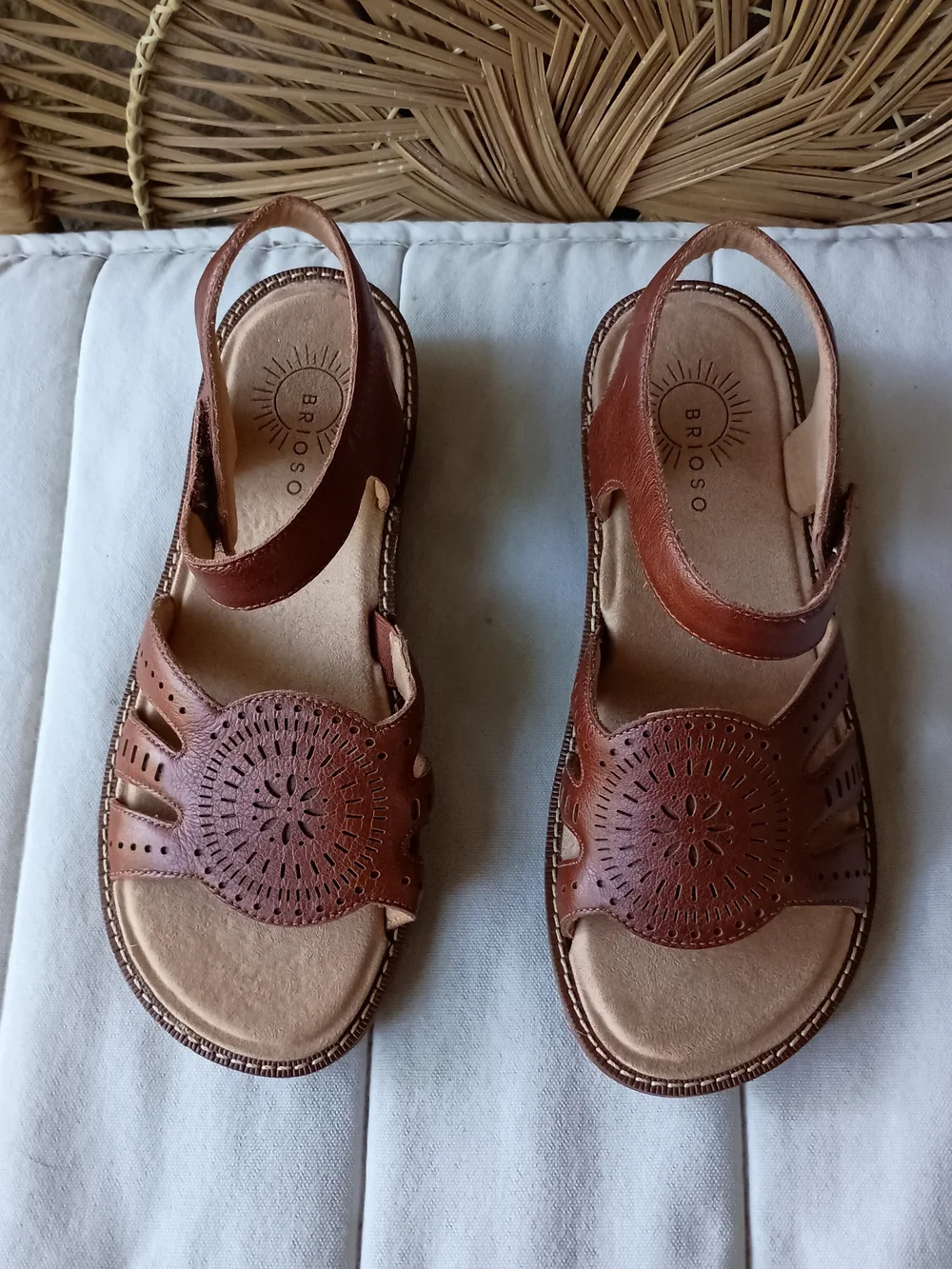 Briosso Brown Leather Orthotic Cutout Heel Velcro Strap Sandals_9 - Picture 1 of 7